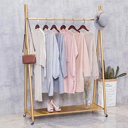 FURVOKIA Modern Simple Heavy Duty Metal X Type Rolling Garment Rack with Wheel,Retail Display Clothing Rack, Floor-Standing Shoes Bags Clothes Organizer Storage Shelves (Gold, 59" L)