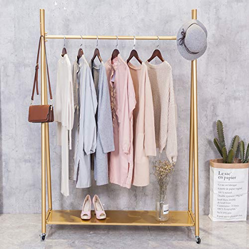 FURVOKIA Modern Simple Heavy Duty Metal X Type Rolling Garment Rack with Wheel,Retail Display Clothing Rack, Floor-Standing Shoes Bags Clothes Organizer Storage Shelves (Gold, 59" L)