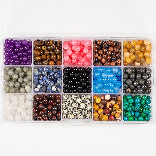 Natural Round Stone Beads Genuine Real Gemstones Smooth Beads with 800pcs 6mm 15 Kinds for Jewelry Making Bracelet Earrings Necklace DIY Crafting Art Crafts