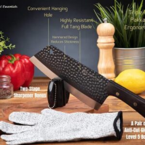 Meat Cleaver Gift Set, Sharpener and Anti-Cut Gloves, 7.5 Inch Fully Forged Cleaver Knife for Meat Cutting, Vegetables Chopping and Slicing, Full Tang Vegetable Cleaver, Ergonomic Riveted Wood Handle