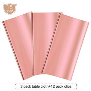 Foil Party Rectangular Table Covers Table Cloth 54 x 108 Inch Shiny Plastic Waterproof Tablecloth Party Table Cover for Wedding Anniversary Engagement Party (Rose Gold, 3 Pieces)