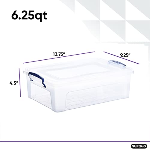 Superio 6.25 Qt Clear Plastic Storage Bins with Lids and Latches, Organizing Containers, Stackable Plastic Tote for Household, Garage, School, and Office