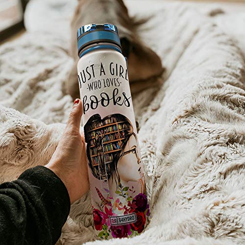 64HYDRO 32oz 1Liter Motivational Water Bottle with Time Marker, Book Lover Inspiration Just A Girl Who Loves Books HNP0207004 Water Bottle