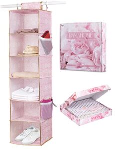 damahome hanging closet organizer storage - 6-tier collapsible hanging shelves with sturdy hooks, 4 side pockets, foldable sweater organizer, for closet/kids/rv/ camper/dorm 12"w x 12"d x 48"h (pink)