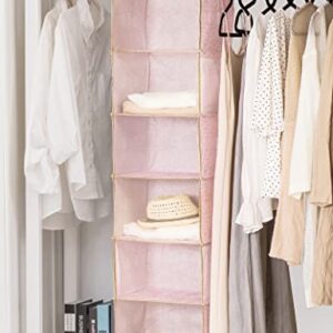 DAMAHOME Hanging Closet Organizer Storage - 6-Tier Collapsible Hanging Shelves with Sturdy Hooks, 4 Side Pockets, Foldable Sweater Organizer, For Closet/Kids/RV/ Camper/Dorm 12"W X 12"D X 48"H (Pink)