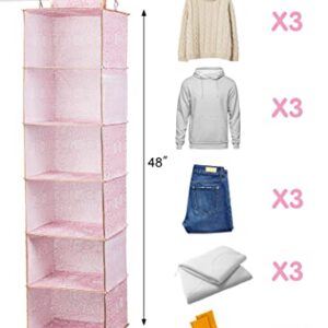 DAMAHOME Hanging Closet Organizer Storage - 6-Tier Collapsible Hanging Shelves with Sturdy Hooks, 4 Side Pockets, Foldable Sweater Organizer, For Closet/Kids/RV/ Camper/Dorm 12"W X 12"D X 48"H (Pink)