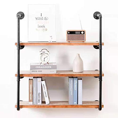 Industrial Wall Mounted Pipe Shelving,Rustic Metal Floating Shelves,Steampunk Real Wood Bookcases,DIY Bookshelf Hanging Shelves,Farmhouse Kitchen Bar Office Home Storage (4-Tier with 3 Boards,36in)