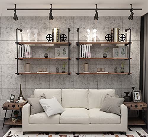 Industrial Wall Mounted Pipe Shelving,Rustic Metal Floating Shelves,Steampunk Real Wood Bookcases,DIY Bookshelf Hanging Shelves,Farmhouse Kitchen Bar Office Home Storage (4-Tier with 3 Boards,36in)