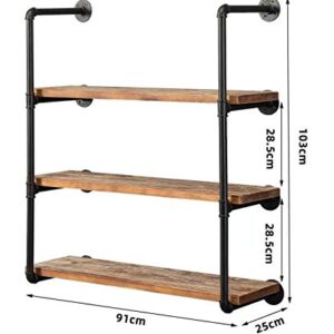 Industrial Wall Mounted Pipe Shelving,Rustic Metal Floating Shelves,Steampunk Real Wood Bookcases,DIY Bookshelf Hanging Shelves,Farmhouse Kitchen Bar Office Home Storage (4-Tier with 3 Boards,36in)