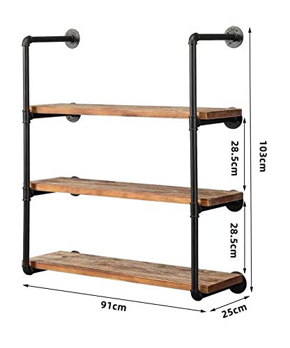 Industrial Wall Mounted Pipe Shelving,Rustic Metal Floating Shelves,Steampunk Real Wood Bookcases,DIY Bookshelf Hanging Shelves,Farmhouse Kitchen Bar Office Home Storage (4-Tier with 3 Boards,36in)