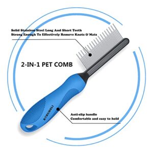 BORUHOLI Self-Cleaning Slicker Dog/Cat Brush and Comb Kit,Cat/Dog Brush and Comb for Shedding and Grooming Long/Short Hair and Large/Small Dogs, Cats, Rabbits, Pets - Dematting Comb. (Blue)