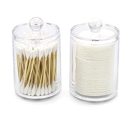 Brookstone BKH1482 2 Pack Qtip Holder, Cotton Swab Storage Dispenser, Jars with Lids, Minimalistic Bathroom Organizer, Acrylic 2