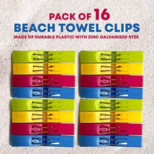 PERFORMORE 16 Pack Beach Towel Clips, Mixed Color (Blue, Green, Yellow, Pink) Jumbo Size Plastic Clothespins Hanging Clips Clamps, Towel Holder Clips for Beach, Pool Chairs on Cruise