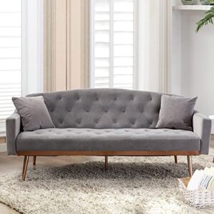 nosga velvet sofa, convertible loveseat accent sofa with two pillows, modern sleeper sofa couch rose gold metal feet for living room, bedroom (grey)