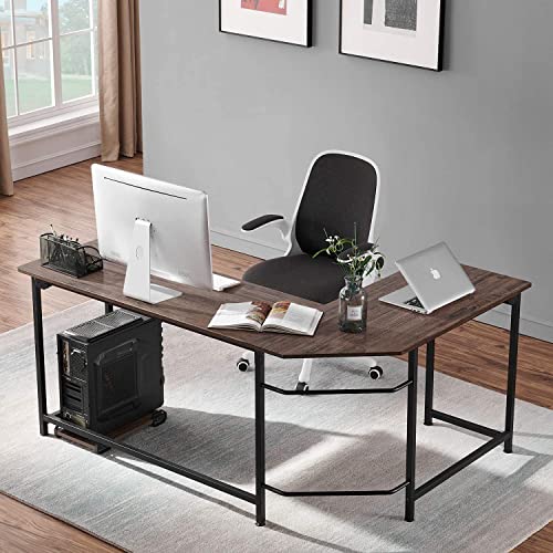 VECELO L-Shaped Corner CPU Stand Study Writing Table Workstation Gaming Computer Desk for Home Office,Coffee, 66