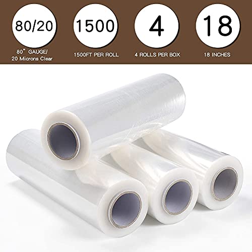 Prinko 18" x 1500ft x 80 Gauge Thick (20 Micron) Clear Cast Pallet Stretch Wrap Film Pack of 4 Rolls, 1500' Per Roll, Total 6000' (4 Rolls)