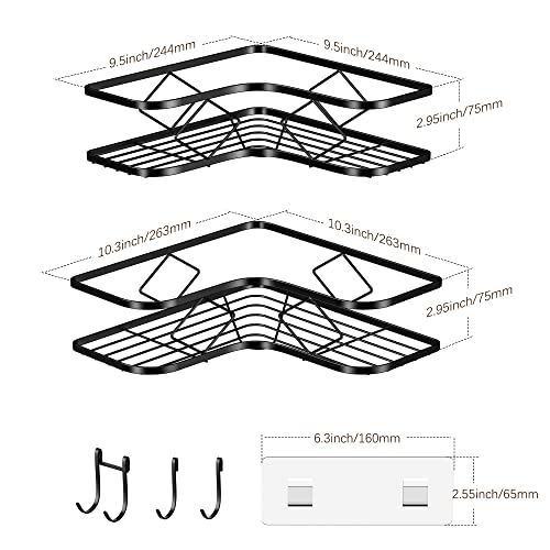 Kadolina 2 Pack Adhesive Corner Shower Caddy Shelf, Bathroom Shower Organizer Shelves, No Drilling Rustproof Wall Mounted Shower Storage Basket Shampoo Holder Organizer (Black)