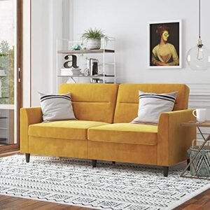 novogratz concord sofa, small space living room 3 seater, pocket coil cushions, mustard yellow velvet
