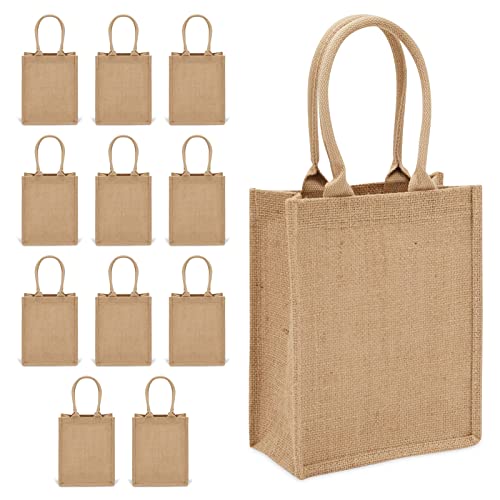 Sparkle and Bash 12 Pack of Natural Burlap Tote Bags with Handles 8 x 10 x 4 Inches for Groceries, Shopping, Beach, DIY Crafts, Art Projects, Bachelorette Party, Reusable Bulk Set