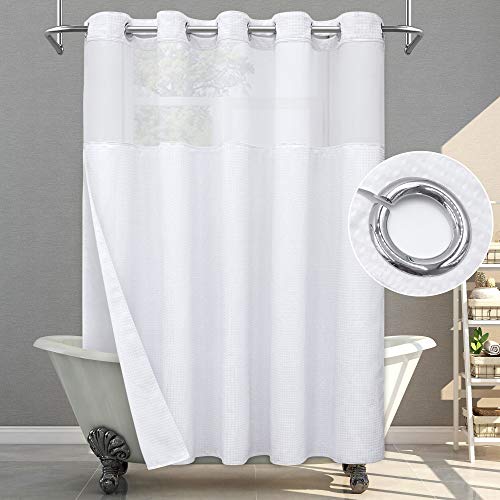 SUMGAR No Hook Shower Curtain with Snap in Liner White Waffle Fabric Hotel Luxury Modern Farmhouse Bathroom Double Layer Heavy Textured Mesh Top Window Shower Curtains Set 71 x 74