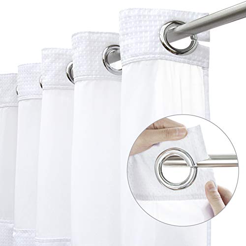 SUMGAR No Hook Shower Curtain with Snap in Liner White Waffle Fabric Hotel Luxury Modern Farmhouse Bathroom Double Layer Heavy Textured Mesh Top Window Shower Curtains Set 71 x 74