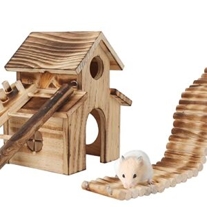 elipark 3 pack wooden hamster house toys set,guinea pig ladder hideout natural wooden bridge toys set for rabbit rat bunny chinchillas,hamsters cage accessories habitat decor for small animal