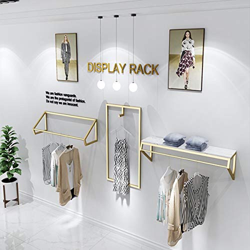 FURVOKIA Modern Simple Men's and Women's Clothing Store Heavy Duty Metal Display Stand,Wall-Mounted Garment Rack with Wood,Clothes Rail,Bathroom Hanging Towel Rack (Gold Square Tube, B-59 L)