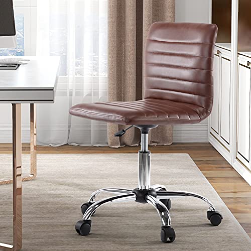 Desk Chair, Stylish Armless Low Back Stool Look, Made of Faux Leather, Supplied with Adjustable 360 Degrees Swivel and Small Rolling Wheels, Perfect for Computer Tasks in The Office or Bedroom, Brown