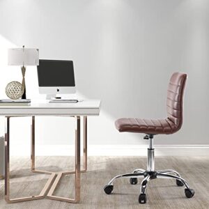 Desk Chair, Stylish Armless Low Back Stool Look, Made of Faux Leather, Supplied with Adjustable 360 Degrees Swivel and Small Rolling Wheels, Perfect for Computer Tasks in The Office or Bedroom, Brown