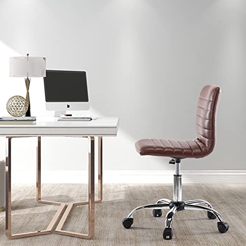 Desk Chair, Stylish Armless Low Back Stool Look, Made of Faux Leather, Supplied with Adjustable 360 Degrees Swivel and Small Rolling Wheels, Perfect for Computer Tasks in The Office or Bedroom, Brown