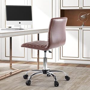 Desk Chair, Stylish Armless Low Back Stool Look, Made of Faux Leather, Supplied with Adjustable 360 Degrees Swivel and Small Rolling Wheels, Perfect for Computer Tasks in The Office or Bedroom, Brown