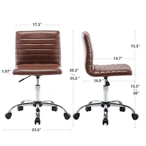 Desk Chair, Stylish Armless Low Back Stool Look, Made of Faux Leather, Supplied with Adjustable 360 Degrees Swivel and Small Rolling Wheels, Perfect for Computer Tasks in The Office or Bedroom, Brown