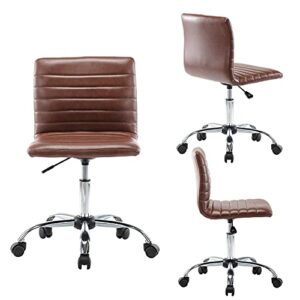 Desk Chair, Stylish Armless Low Back Stool Look, Made of Faux Leather, Supplied with Adjustable 360 Degrees Swivel and Small Rolling Wheels, Perfect for Computer Tasks in The Office or Bedroom, Brown