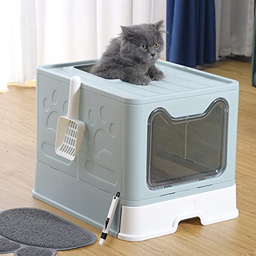 UIMNJHUKE Foldable Cat Litter Box with Lid, Extra Large Covered Cat Litter Box with Litter Mat and Scoop, Easy to Clean Litter Pan, Enclosed Kitty Litter Box