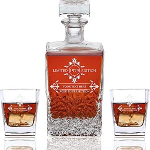 personalized squared 3 piece whiskey decanter set - decanter and 2 glasses gift set - custom engraved (limited edition)