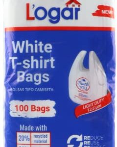 Logar white T-shirt bag 12 + 7 x 23 inches. 5 Packages of 100 bags each. Total: 500 bags