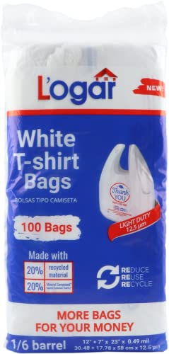 Logar white T-shirt bag 12 + 7 x 23 inches. 5 Packages of 100 bags each. Total: 500 bags