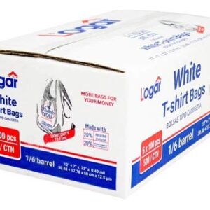 Logar white T-shirt bag 12 + 7 x 23 inches. 5 Packages of 100 bags each. Total: 500 bags