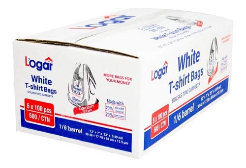 Logar white T-shirt bag 12 + 7 x 23 inches. 5 Packages of 100 bags each. Total: 500 bags