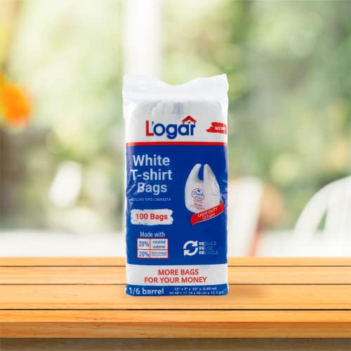 Logar white T-shirt bag 12 + 7 x 23 inches. 5 Packages of 100 bags each. Total: 500 bags