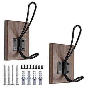 olbet farmhouse towel hooks for bathroom wall mounted - rustic wall hooks for hanging coats - 2 pack - retro iron wood hooks - classical heavy duty hangers for your house - walnut grain