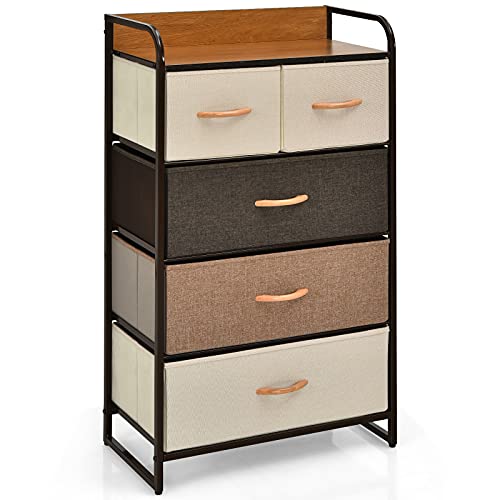 Giantex 5 Drawer Dresser Storage Tower with Fold-able Fabric Drawers, Sturdy Steel Frame & Wooden Top Vertical Organizer Unit for Closets, Bedroom Utility Dresser Chest (23 x 11.5 x 39 inch)