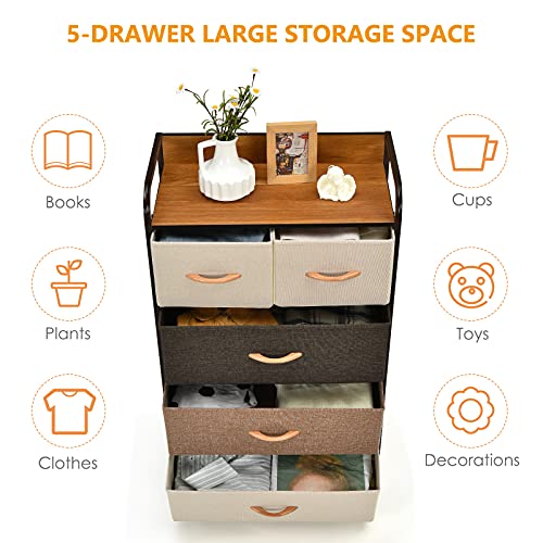 Giantex 5 Drawer Dresser Storage Tower with Fold-able Fabric Drawers, Sturdy Steel Frame & Wooden Top Vertical Organizer Unit for Closets, Bedroom Utility Dresser Chest (23 x 11.5 x 39 inch)