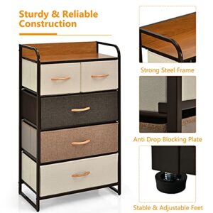 Giantex 5 Drawer Dresser Storage Tower with Fold-able Fabric Drawers, Sturdy Steel Frame & Wooden Top Vertical Organizer Unit for Closets, Bedroom Utility Dresser Chest (23 x 11.5 x 39 inch)