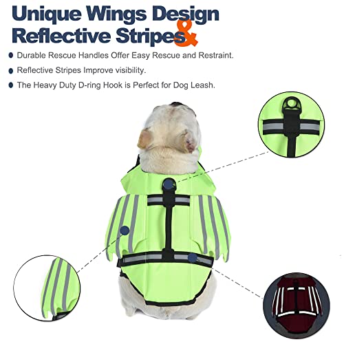 Petglad Dog Life Jacket, Wings Design Pet Life Vest, Reflective Dog Flotation Swim Vest with Chin Float for Pool Beach Boating Surfing Swimming, for Puppy Small Medium Large Size Dogs (Green, S)