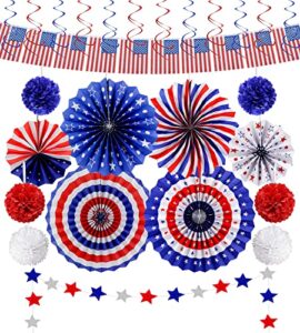 26pcs patriotic party decorations 4th of july decor set - usa flag string red white blue paper fans star streamer pom poms hanging swirls for labor day,veterans day,presidents day,flag day