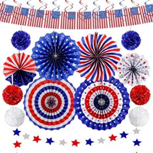 26Pcs Patriotic Party Decorations 4th of July Decor Set - USA Flag String Red White Blue Paper Fans Star Streamer Pom Poms Hanging Swirls for Labor Day,Veterans Day,Presidents Day,Flag Day