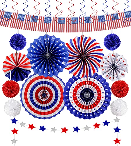 26Pcs Patriotic Party Decorations 4th of July Decor Set - USA Flag String Red White Blue Paper Fans Star Streamer Pom Poms Hanging Swirls for Labor Day,Veterans Day,Presidents Day,Flag Day