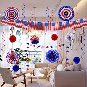 26Pcs Patriotic Party Decorations 4th of July Decor Set - USA Flag String Red White Blue Paper Fans Star Streamer Pom Poms Hanging Swirls for Labor Day,Veterans Day,Presidents Day,Flag Day