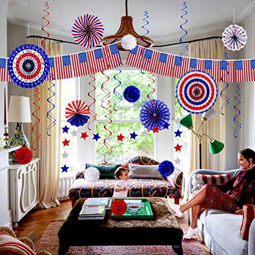 26Pcs Patriotic Party Decorations 4th of July Decor Set - USA Flag String Red White Blue Paper Fans Star Streamer Pom Poms Hanging Swirls for Labor Day,Veterans Day,Presidents Day,Flag Day